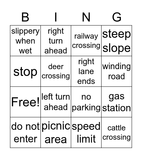 Road Signs Bingo Card