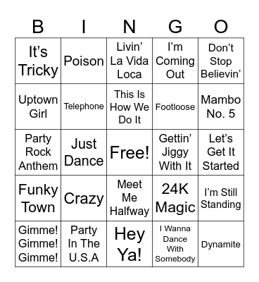Party Songs Bingo Card