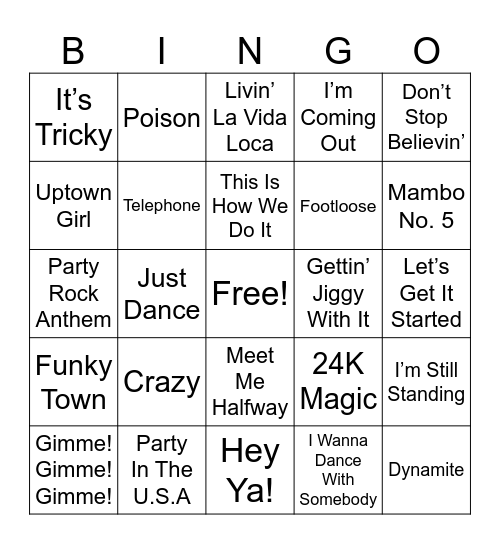 Party Songs Bingo Card