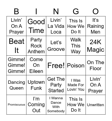 Party Songs Bingo Card