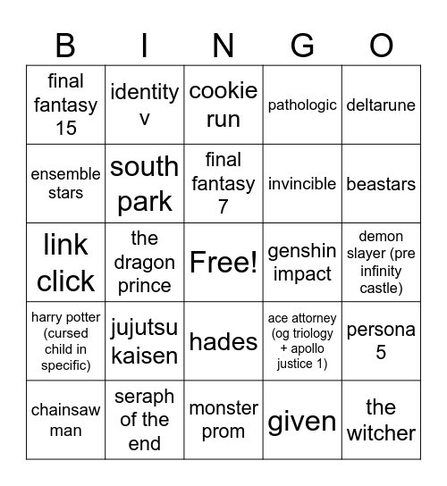 marion’s favorite medias Bingo Card