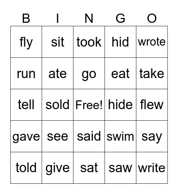 Irregular Action Verbs Bingo Card