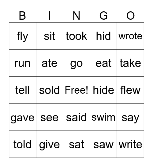 Irregular Action Verbs Bingo Card