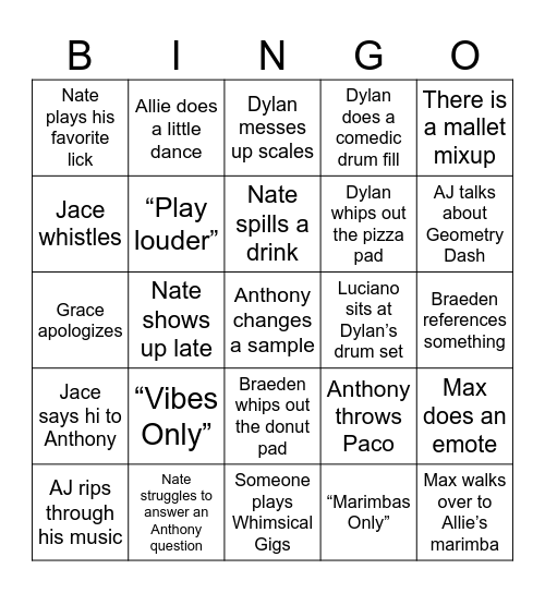 Rehearsal Bingo Card