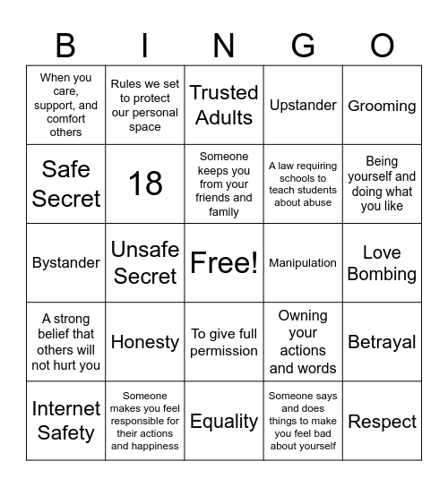 Erin's Law Bingo Card