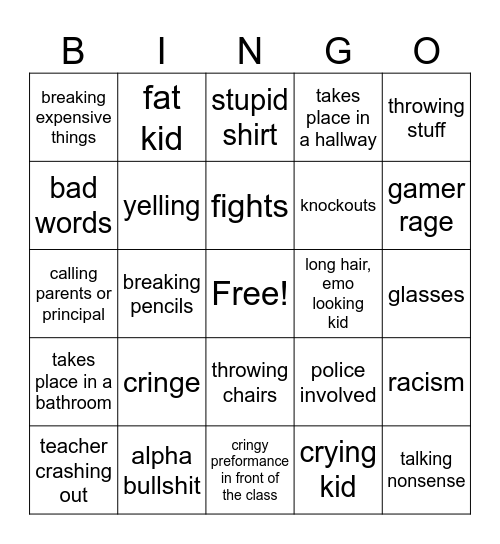 School crash outs Bingo Card
