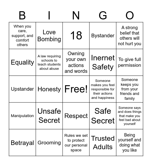 Erin's Law Bingo Card