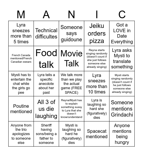 Manic Monday Bingo Card