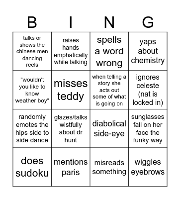 Natalie Bingo Card