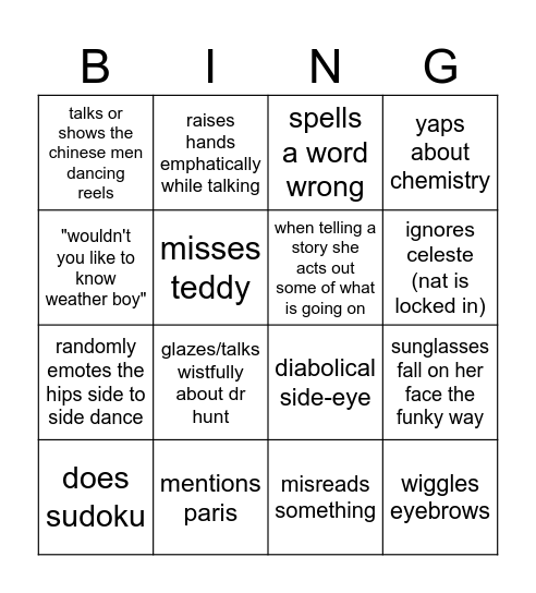 Natalie Bingo Card