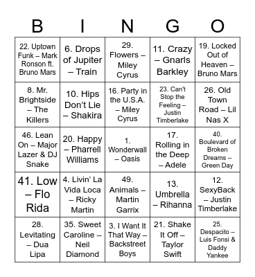 Andy's 30 Years of Hits Bingo Card