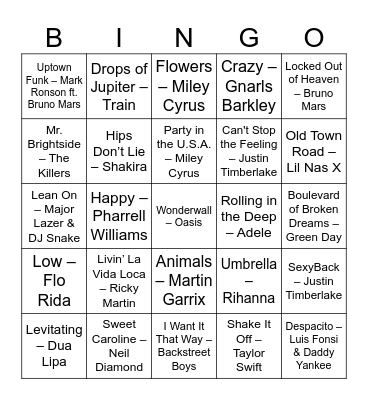 Andy's 30 Years of Hits Bingo Card
