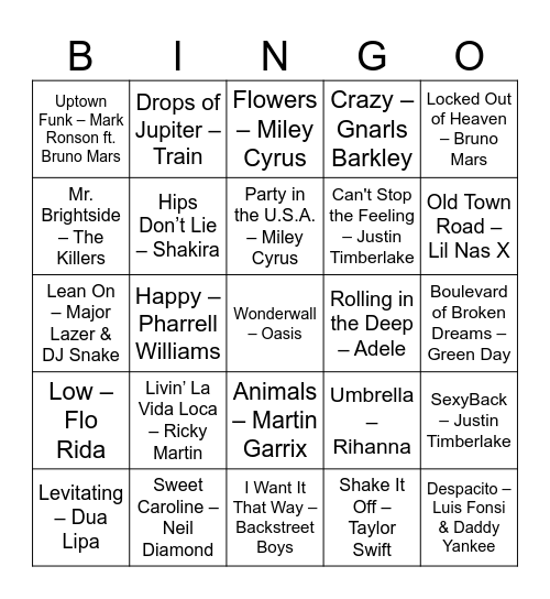 Andy's 30 Years of Hits Bingo Card