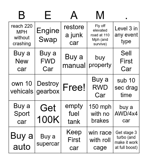 Beamng.drive Bingo Card