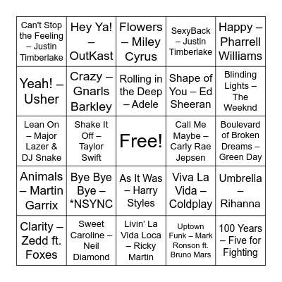 Andy's 30 Years of Hits Bingo Card
