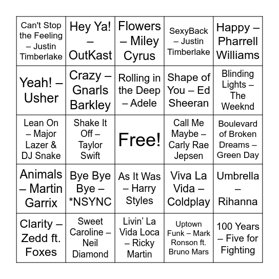 Andy's 30 Years of Hits Bingo Card