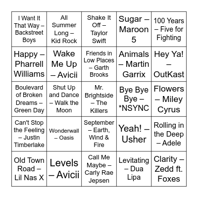 Andy's 30 Years of Hits Bingo Card