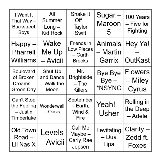 Andy's 30 Years of Hits Bingo Card