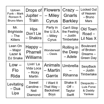 Andy's 30 Years of Hits Bingo Card