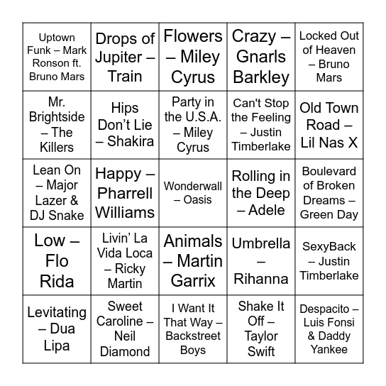 Andy's 30 Years of Hits Bingo Card