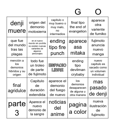 chainsawman predicciones Bingo Card