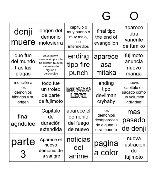 chainsawman predicciones Bingo Card