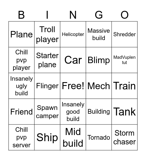 Plane crazy bingo Card