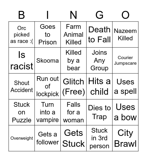 Skyrim Bingo Card