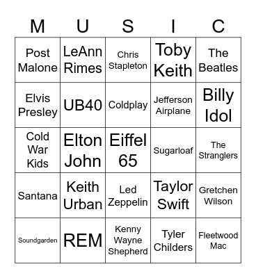 Music Bingo #200 (Colors) Bingo Card