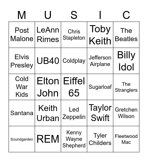 Music Bingo #200 (Colors) Bingo Card
