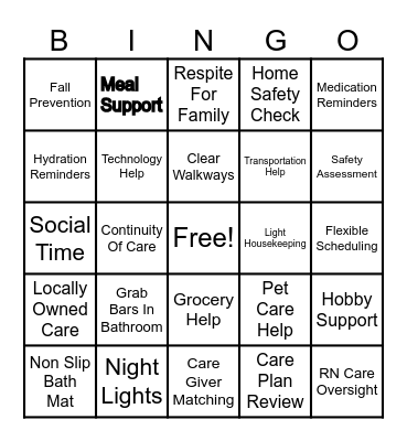 Aging In Place Bingo Card