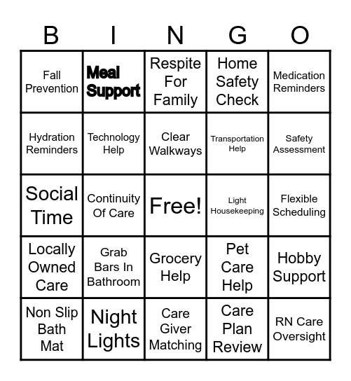 Aging In Place Bingo Card