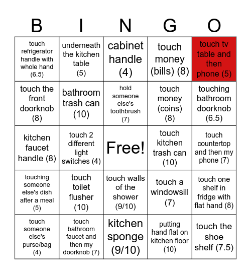 Contamination Bingo Card