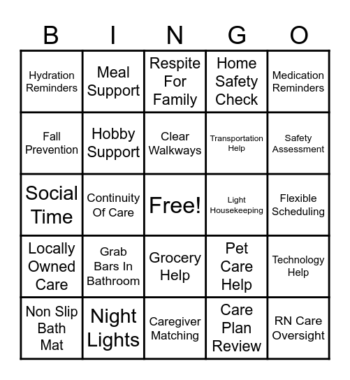 Aging In Place Bingo Card
