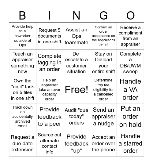 Operations Bingo Card