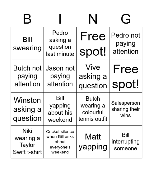 Skip Tuesday Meeting Bingo Card