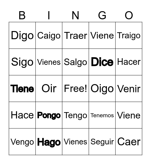 Yo go verbs Bingo Card