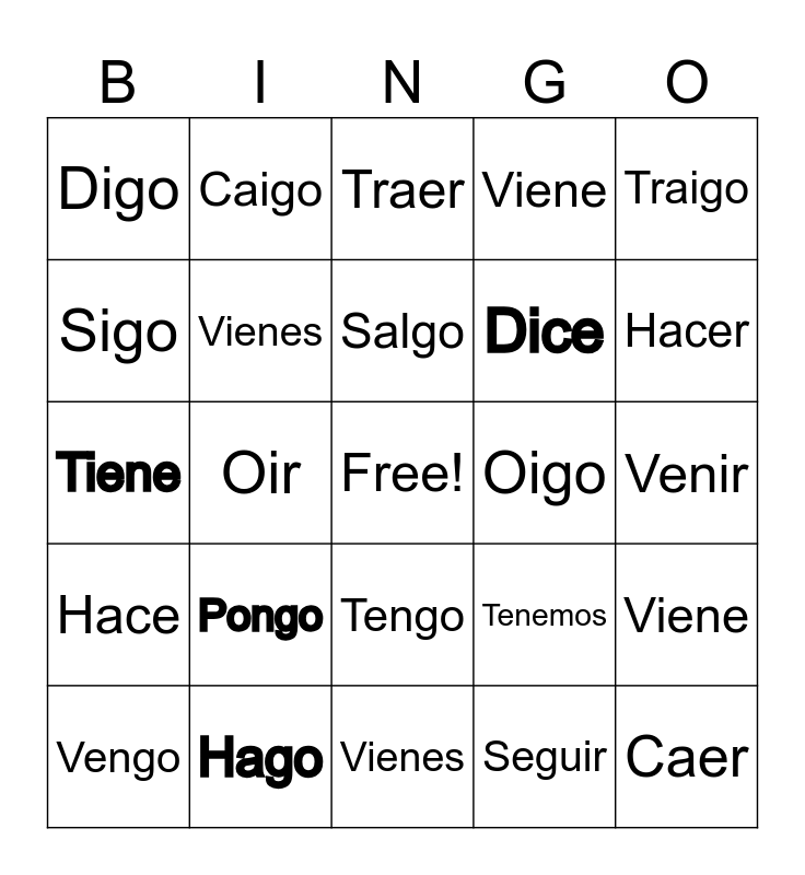 Yo go verbs Bingo Card