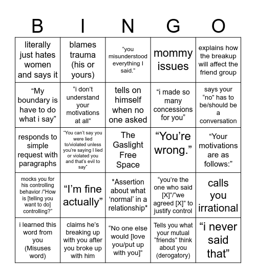 NO MAN MARCH Bingo Card