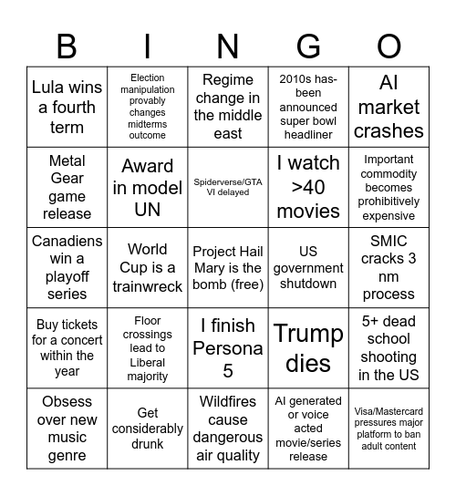 2026 Bingo Card Bingo Card