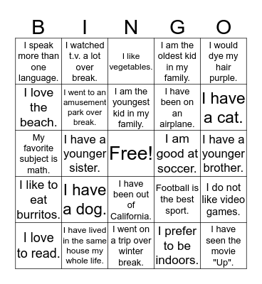 Getting to know you! Bingo Card