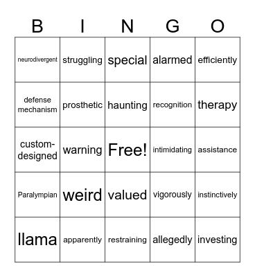 Vocabulary Bingo Card