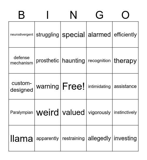 Vocabulary Bingo Card