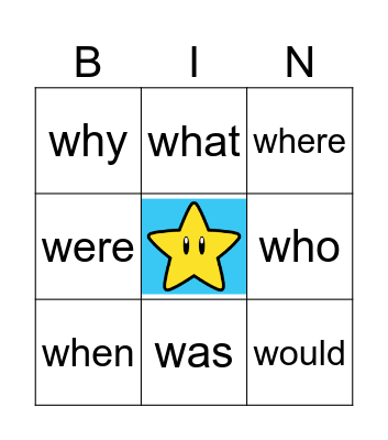 "W" Sight Words Bingo Card