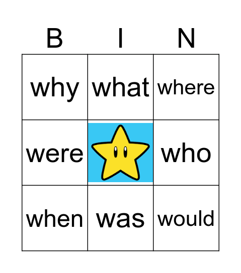 "W" Sight Words Bingo Card