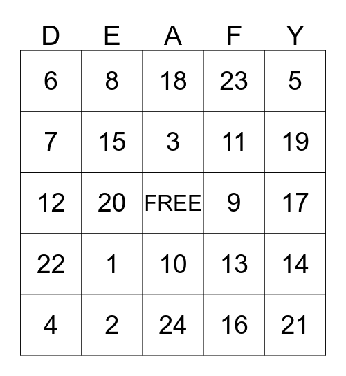 American Deaf Bingo Card