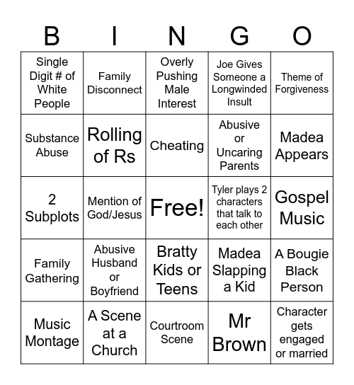 Tyler Perry Movie Bingo Card