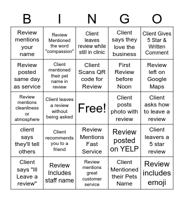 Client Reviews Bingo Card