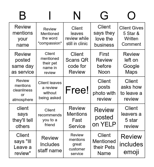 Client Reviews Bingo Card