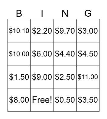 Money Bingo Card